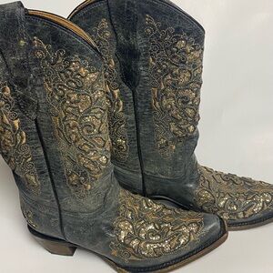 Corral Black and Gold Glitter Embroidered Kids Cowboy Boots